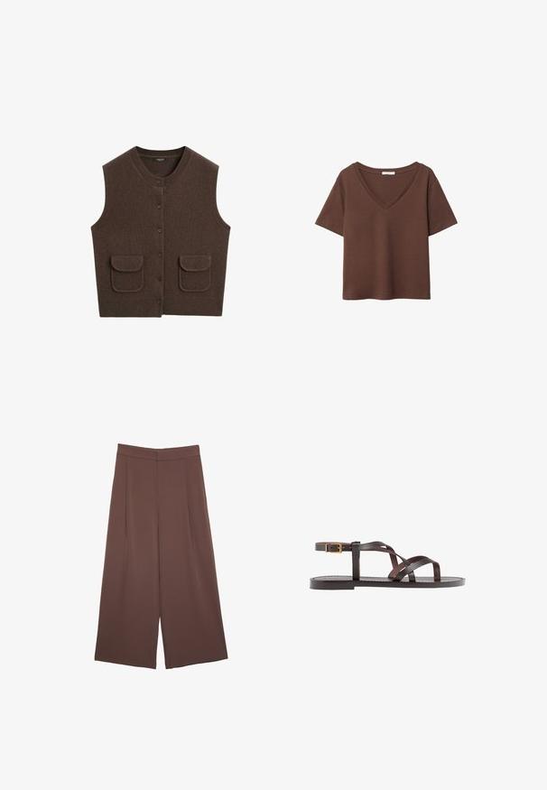 Brun strikket vest med rund halsudskæring, frontknapper og to forlommer. Tekstureret stof med ribbet kant og lommesider.; Brun bomulds t-shirt med korte ærmer og dyb V-hals. Enkel design, blød tekstur og lige kant. Ingen mønstre eller detaljer.; Brune bredbunde bukser med en glat tekstur, der har høj talje og plisseringer foran. Stoffet er let og falder løst.; Brune lædersandal med krydsende stropper, ankelspænde og en flad sål med minimale syninger.