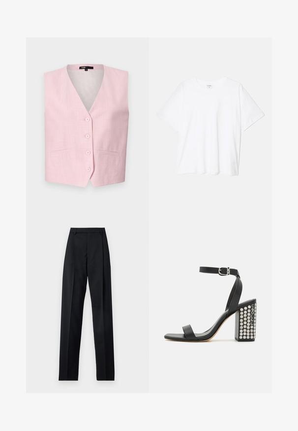 Maje VIVALDORA - Vesta - rose; Bílý bavlněný tričko s krátkým rukávem, kulatým výstřihem, volným střihem a šitým lemem. Nálepka viditelná na vnitřní straně výstřihu.; Černé kalhoty vyrobené z hladké tkaniny, vybavené vysokým pasem, širokými nohavicemi, předními záhyby a klasickými poutky na opasek. Nejsou viditelné boční kapsy.; Černé kožené sandály na podpatku s páskem kolem kotníku. Mají čtveratou špičku, hladký povrch a čtvercový blokový podpatek zdobený stříbrnými hroty.
