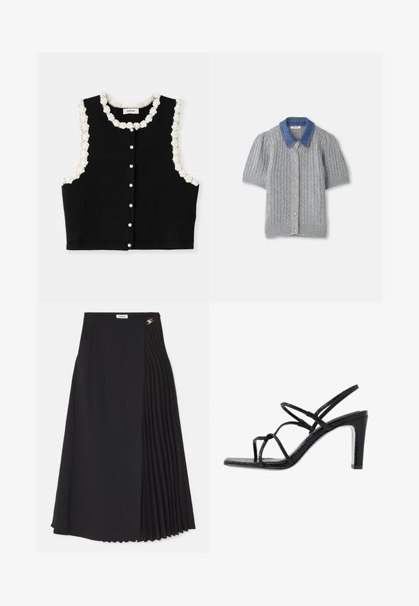 sandro CARDIGAN SANS MANCHE DETAIL GIRLY - Vesta - noir; Šedý pletený cardigan s krátkým rukávem a vzorem kabel, s denimovým límcem a pěti zlatými knoflíky v přední části.; Černá midi sukně s plisovaným designem na jedné straně, vyrobená z lehkého materiálu, se skrytým zipem a bočními kapsami.; Černé sandály na podpatku s tenkými pásky, strukturovaným povrchem, otevřenou špičkou a elegantním, špičatým designem podpatku. Obsahují hladkou stélku a lesklý povrch.