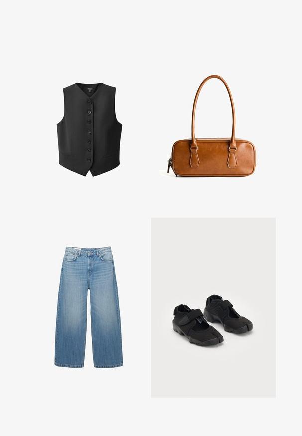 Czarna kamizelka z dekoltem w serek, sześcioma guzikami z przodu i dwiema kieszeniami bocznymi. Wykonana z gładkiego materiału o dopasowanym kroju.; PULL&BEAR - Top; Jasnoniebieskie dżinsy o szerokich nogawkach, wykonane z denimu, charakteryzujące się klasycznym pięciopocketowym fasonem i zapięciem na guzik. Przez cały materiał widoczny jest efekt wypłowienia.; Czarne buty wodne wykonane z elastycznego materiału z zapięciem na rzep, charakteryzujące się unikalnym podziałem palców oraz teksturowaną gumową podeszwą zapewniającą przyczepność.; Brązowa skórzana torba na ramię z dwiema długimi uchwytami, prostokątnym kształtem, gładką fakturą, zamkiem błyskawicznym i akcentami w kolorze srebrnym.