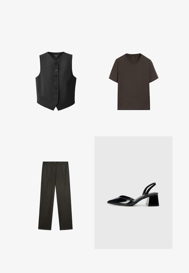 Schwarze Weste mit V-Ausschnitt, sechs vorderen Knöpfen und zwei seitlichen Taschen. Hergestellt aus glattem Stoff mit strukturiertem Schnitt.; Dunkelbraunes T-Shirt mit kurzen Ärmeln aus Baumwolle. Verfügt über einen runden Halsausschnitt und eine lockere Passform, ohne sichtbare Muster oder Akzente.; Dunkelgrüne, weit geschnittene Hosen mit glatter Textur, elastischem Bund und seitlichen Taschen. Schlichtes Design ohne sichtbare Muster oder Beschläge.; Schwarze Lackleder-Slingback-High Heels mit spitzem Schuh und einem geometrischen Blockabsatz. Verfügt über ein schlankes, minimalistisches Design und eine glatte Textur.