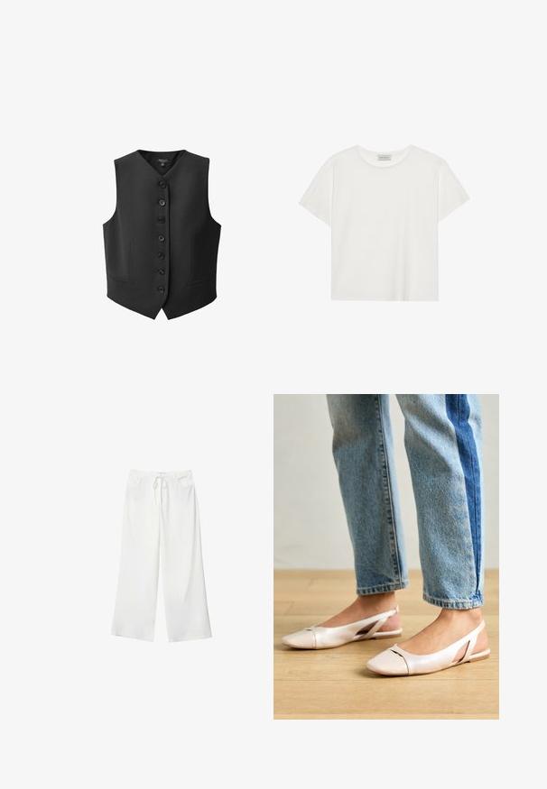 Crni prsluk s v-izrezom, šest gumba sprijeda i dva bočna džepa. Napravljen od glatkog materijala s strukturiranim krojem.; Bijela kratkodlaka majica od mekog pamuka. Ima okrugli izrez i opušteni kroj. Čist dizajn bez vidljivih uzoraka ili akcenata.; Bijele hlače širokih nogavica od mekanog materijala, s elastičnom trakom u struku i dva prednja džepa. Glatka tekstura i bez vidljivih uzoraka.; Svijetlo ružičaste slingback balerinke s šiljastim vrhom, izrađene od glatkog materijala nalik koži. Sadrže izrezane detalje sa strane i ravnu petu.