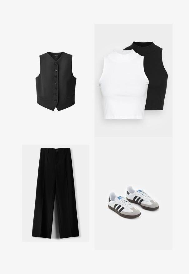 Schwarze Weste mit V-Ausschnitt, sechs vorderen Knöpfen und zwei seitlichen Taschen. Hergestellt aus glattem Stoff mit strukturiertem Schnitt.; Zwei ärmellose, gerippte Rollkragenoberteile in Schwarz und Weiß, mit einer figurbetonten Passform und glatter Textur sowie einer cropped Länge.; Schwarze weite Hosen aus leichtem Stoff, mit einem Knopfverschluss vorne und flachem Bund, mit sorgfältig genähten Säumen.; Sportschuhe mit einem Obermaterial aus weißem Leder, grauer Wildleder-Zehenkappe und drei schwarzen Streifen. Sie verfügen über ein blaues Logo auf der Zunge und eine strukturierte Gummisohle.