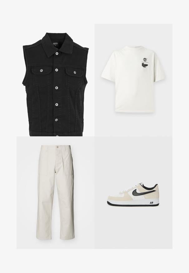 Mustat farkkuhaalarit, joissa on kaulus, etunapit, kaksi rintataskua ja sivutaskut. Harjattu, teksturoitu pinta.; Valkoinen puuvillapaita lyhyillä hihoilla. Vasemmassa rinnassa musta graafinen printti puusta ja saappaista. Yksinkertainen, rento malli.; Harmaat vaaleat leveät housut, jotka on valmistettu puuvillasta. Varustettu etutaskuilla ja nappikiinnityksellä. Sujuva rakenne, jossa on hienovaraisia pystysuoria viivoja.; Juoksukengät, joissa on vaalea beige mokka- ja valkoiset nahkaketju, musta Nike-logoelementti, mustat yksityiskohdat ja valkoinen kumipohja, jossa on "AIR"-brändäys.
