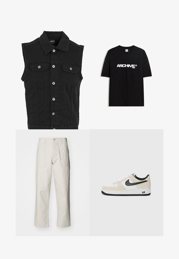 Črna jeans bunda z ovratnikom, sprednjimi gumbki za zapiranje, dvema žepoma na prsih in stranskima žepoma. Ima čist, strukturiran videz.; Črna bombažna majica s kratkimi rokavi z belim logotipom "ARCHIVE inc." čez prsa in okroglo ovratnikom.; Svetlo bež široke hlače iz bombaža. Imajo sprednje žepe in gumbasto zapiranje. Gladka tekstura z subtilnimi navpičnimi črtami.; Tenisice z svetlo bež semenom in belim usnjem, črnim Nike znak, črnimi detajli in belim gumijastim podplatom z oznako "AIR".