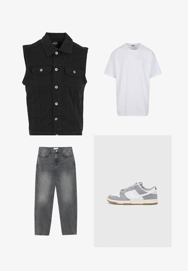 Sort denim vest med krave, front snapknapper, to brystlommer og sidelommer. Har en ren, struktureret finish.; Hvid bomulds t-shirt med korte ærmer, rund halsudskæring, afslappet pasform, og ingen synlige logoer eller mønstre. Glat tekstur og minimalistisk design.; Høj talje, løstsiddende jeans i falmet sort denim. Har fem lommer, bæltestropper og et rent, lige ben design.; Grå og hvid sneaker med en overdel i ruskind og læder, rund tå, flade snørebånd og en gummisål med en gummifarvet detalje.