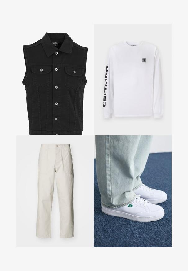 Gilet in denim nero con colletto, bottoni a scatto sul davanti, due tasche sul petto e tasche laterali. Presenta una finitura pulita e testurizzata.; Maglietta bianca a maniche lunghe in cotone, con una piccola toppa nero con logo sul petto e testo nero audace lungo la manica sinistra.; Pantaloni a gamba larga beige chiaro in cotone. Presentano tasche frontali e chiusura con bottone. Tessuto liscio con sottili linee verticali.; Sneakers in pelle bianca con logo Nike verde, punta rotonda, suola piatta, abbinati a pantaloni in denim azzurro, mostrati su un tappeto blu.