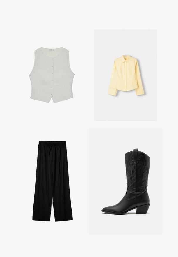 Vaaleanharmaa hihaton toppi, jossa on pyöreä kaula-aukko. Edessä napit ja muotoiltu istuvuus. Valmistettu sileästä kankaasta, ja siinä on huomaamattomat sivutaskut.; Keltainen raidallinen paita, jossa on pitkät hihat, terävä kaulus ja edessä nappikiinnitys. Sisältää pystysuoria sinisiä raitoja ja muotoiltua istuvuutta.; Mustat avara lahkeiset housut, jotka on valmistettu kevyestä kankaasta ja joissa on joustava vyötärö, jossa on säätönyöri mukautuvan istuvuuden saavuttamiseksi. Sujuva rakenne.; Musta nahkasaapas cowboy-malli, jossa on terävä kärki, kohokuvioituja pyörteileviä kuvioita ja keskikorkea korko. Varustettu vetoketjulla helppoa pukeutumista varten.