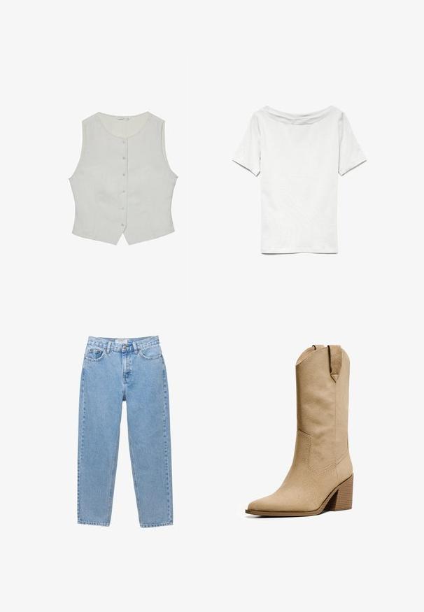 Haut sans manches gris clair avec un col rond, doté d'une fermeture à boutons à l'avant et d'une coupe ajustée. Fabriqué dans un tissu lisse, il possède des poches latérales discrètes.; T-shirt blanc à manches courtes avec un décolleté large et une coupe décontractée. Fabriqué en coton doux, il présente une texture lisse et un design simple.; Jeans en denim bleu clair avec une coupe droite, cinq poches et une fermeture à bouton. Présente un léger délavage et un look classique.; Bershka HIGH-HEEL - Bottes de cowboy / motard - beige