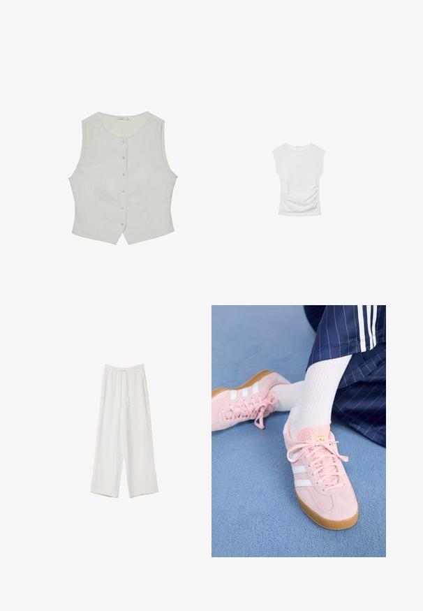 Light grey sleeveless top with a round neckline, featuring a button front and a tailored fit. Made from a smooth fabric, it has discreet side pockets.; White short-sleeve top with a round neckline. Features gathered texture along the sides and a fitted silhouette, made from soft, stretchy material.; White wide-leg trousers made from a lightweight fabric. Features an elastic waistband with a drawstring and side pockets. Smooth texture.; Light pink suede sneakers with white stripes and laces, featuring a textured tongue and a gum sole, placed on a blue carpet.
