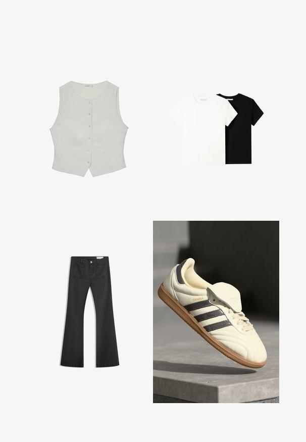 Hellgraues ärmelloses Oberteil mit rundem Ausschnitt, das über eine Knopfleiste und eine taillierte Passform verfügt. Hergestellt aus einem glatten Stoff, hat es diskrete Seitentaschen.; Zwei kurzärmelige T-Shirts, eines weiß und eines schwarz, aus Baumwolle. Beide haben einen runden Halsausschnitt und ein einfaches, klassisches Design.; Schwarze Schlagjeans aus Denim mit glatter Textur, ausgestattet mit zwei Gesäßtaschen und einem Knopfverschluss an der Taille.; Cremfarbene Ledersneaker mit drei dunklen Streifen, einer braunen Gummisohle und einer abgerundeten Zehenpartie. Hat eine faltbare Zunge, die mit "SAMBA" beschriftet ist.