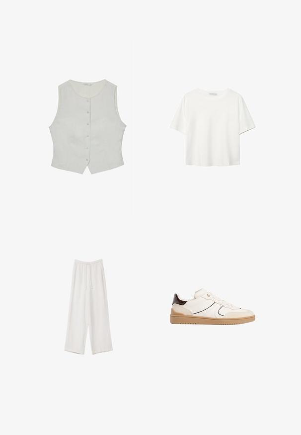 Hellgraues ärmelloses Oberteil mit rundem Ausschnitt, das über eine Knopfleiste und eine taillierte Passform verfügt. Hergestellt aus einem glatten Stoff, hat es diskrete Seitentaschen.; Weißes T-Shirt mit kurzen Ärmeln aus Baumwolle. Hat einen Rundhalsausschnitt und eine lockere Passform. Glatte Textur ohne sichtbare Muster oder Akzente.; Weiße weit geschnittene Hose aus leichtem Stoff. Mit einem elastischen Bund und Kordelzug sowie Seitentaschen. Glatte Textur.; Stradivarius Sneaker low - white