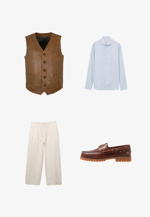 Braune Lederweste mit V-Ausschnitt, fünf Knöpfen auf der Vorderseite, zwei vorderen Taschen und einer glatten Textur. Mit dezenten Steppdetails.; HimmelblauesLangarmhemd mit dünnen vertikalen weißen Streifen, featuring einen offenen Kragen, Vorderknöpfen und einem geraden Saum.; Leinenhosen in hellbeige, mit einem elastischen Bund und Zugkordel, weitem Beinansatz und seitlichen Taschen. Glatte Textur.; Braune Lederbootsschuh mit Gummi-Außensohle, Schnürlöchern und gesticktem Obermaterial, das ein erhabenes, strukturiertes Muster entlang der Zehenpartie aufweist.