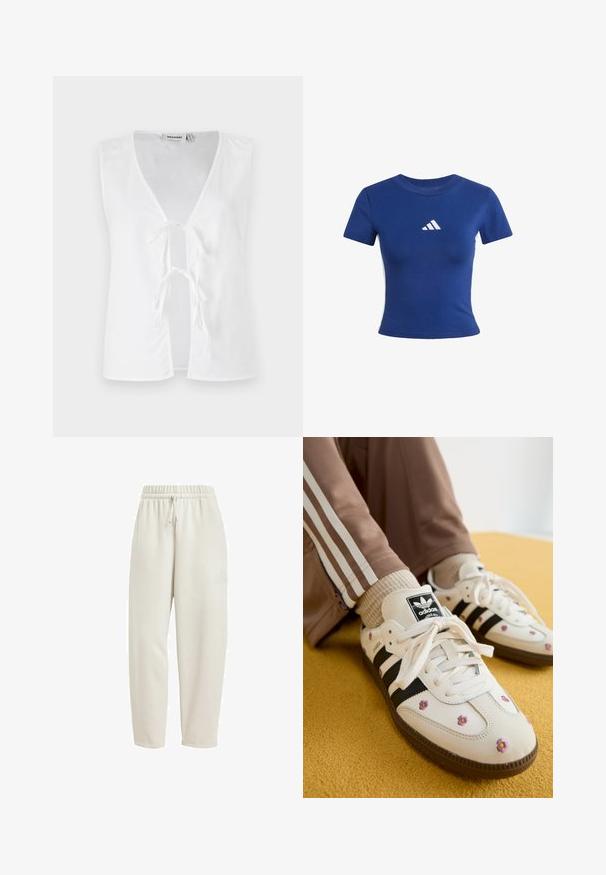 Sleeveless white top with a deep V-neck, front opening secured by ties. Smooth texture with a minimalist design and no patterns or embellishments.; Blue cotton t-shirt with short sleeves, featuring a white Adidas logo on the chest and contrasting white side panels.; Light beige sweatpants made from soft fabric, featuring an elastic waistband with a drawstring and a subtle logo accent on the side.; White leather sneakers with three black stripes and floral embroidery in purple and yellow. Brown rubber sole. Paired with beige ribbed socks.