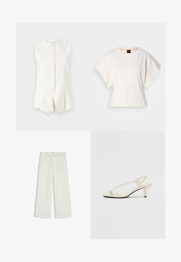 Witte mouwloze top met een ronde halslijn, voorzien van zes knopen aan de voorkant en twee zijzakken, gemaakt van een soepele stof.; Witte gecropte T-shirt, korte brede mouwen, zachte katoenmaterialen, ronde halslijn met subtiele oranje rand, minimalistisch ontwerp, geen patronen of graphics.; Wijde broek in licht crèmekleurige stof, met zijzakken, een platte voorkant en een enkele knoopsluiting bij de taille. Glad van textuur.; Beige blockhak sandalen met dunne bandjes en een vierkante neus. Glad materiaal met minimale details, ontworpen voor eenvoudig dragen.