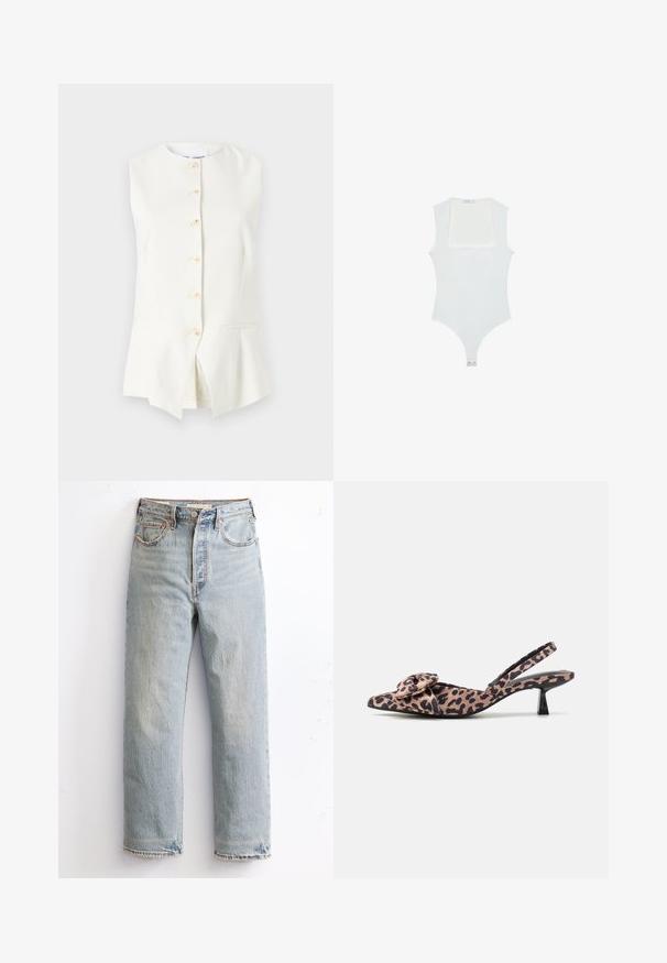 Valkoinen hihaton liivi, jossa on pyöreä pääntie, kuusi etunappia ja kaksi sivutaskua, valmistettu sileästä kankaasta.; Valkoinen haalari, jossa on neliönmuotoinen pääntie, hihaton muotoilu, sileä pinta ja neppari alhaalla. Yksinkertainen ja minimalistinen tyyli.; Vaaleansiniset farkut, joissa on suora lahje, kuluneet helmat, kuparin väriset niitit ja klassinen viiden taskun tyyli.; Kärkivarpaitaiset slingback-kengät leopardikuosisessa kankaassa, jossa on solkiyksityiskohta. Kengissä on matala musta korko ja sileä pinta.