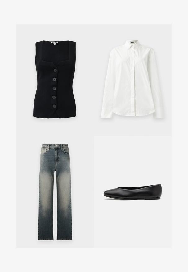 Schwarzes, geripptes ärmelloses Top mit quadratischem Ausschnitt, fünf runden Knöpfen vorne und einer figurbetonten Silhouette.; Weißes Baumwollhemd mit langen Ärmeln, spitzen Kragen, Knopfverschluss vorne und abgerundetem Saum. Glatte Textur, normale Passform und keine Muster.; Hochbundige Straight-Leg-Jeans mit ausgewaschenem hellen und dunklen Denim-Waschung sowie klassischem Fünf-Taschen-Design.; Paul Smith TOPANGA - Klassischer Ballerina - black