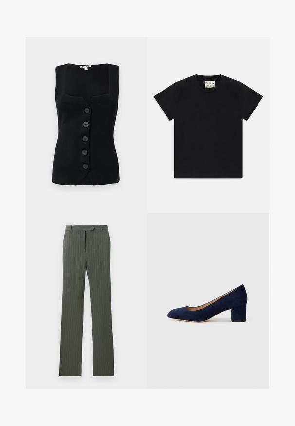 Top sem mangas preto de canalé com decote quadrado, cinco botões redondos na frente e silhueta justa.; Camiseta preta de manga curta com decote redondo e uma etiqueta branca dentro do colarinho rotulada "D.R.C. EST. 2002" sobre um fundo branco.; Calças de fato risca de giz cinza escuro com passantes para cinto e corte reto, dispostas de forma plana sobre um fundo branco.; Salgados de camurça azul-marinho com bico fino e um salto quadrado de altura média. Textura suave com um ligeiro brilho e um pequeno corte na parte da frente.