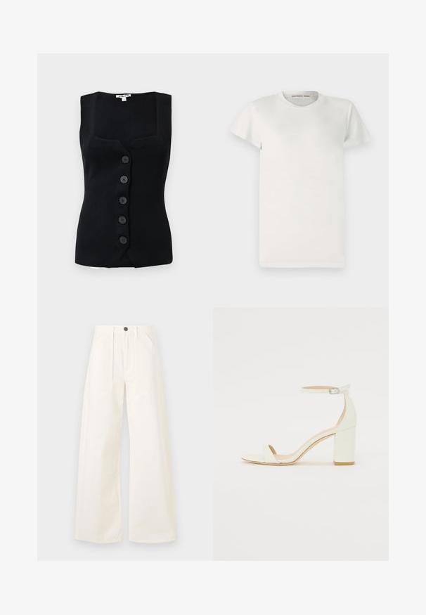 Top negru cu nervuri, fără mâneci, având decolteu pătrat, cinci nasturi rotunzi pe față și o siluetă ajustată.; Tricou alb cu mânecă scurtă, fabricat din bumbac, cu guler rotund și croială simplă. Etichetele afișează "DESIGNERS REMIX" în interiorul gulerului.; Pantaloni largi din bumbac alb-îngălunit, cu talie înaltă, două buzunare frontale și o singură închidere cu nasture în față.; Sandal din piele albă cu toc bloc, având o curea la glezna cu cataramă și un design minimalist. Vârf deschis și texturi netede pe întreaga suprafață.