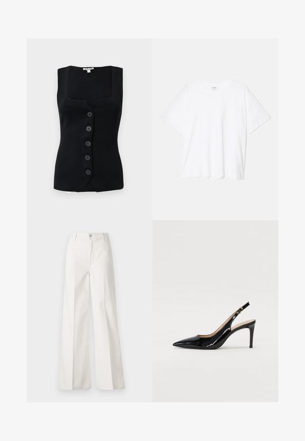 Top sem mangas preto de canalé com decote quadrado, cinco botões redondos na frente e silhueta justa.; T-shirt de algodão branco com mangas curtas, decote redondo, corte descontraído e bainha cosida. Etiqueta visível no interior do pescoço.; Calças largas brancas feitas de algodão com uma textura suave. Apresenta um botão frontal, fecho de correr e um design de quatro bolsos.; Sandal com salto em verniz preto, bico fino, salto esguio e um design de recorte subtil. Apresenta uma fivela dourada na alça.