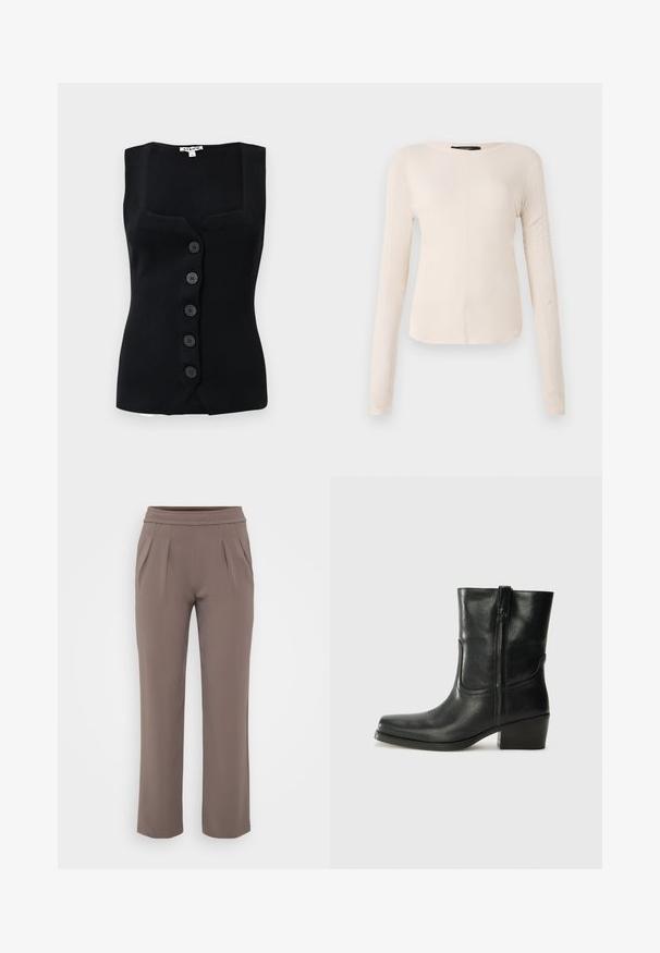 Top sin mangas de canalé negro con escote cuadrado, cinco botones redondos en la parte delantera y silueta ajustada.; Top de manga larga, color beige claro, con cuello redondo. Fabricado en un tejido suave, presenta una costura central y un dobladillo ligeramente curvado. Sin herrajes visibles.; Pantalones sueltos color topo con cinturilla elástica y pliegues frontales, hechos de una tela suave.; Botín negro de cuero hasta el tobillo con punta redondeada, tacón cuadrado, cremallera lateral y detalles de costura en el empeine. Textura suave, diseño clásico.