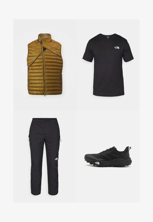 Brun isoleret vest med høj krave, diagonal sort panel og lynlås lukning. Har quiltet tekstur og minimal branding.; Sort kortærmet t-shirt lavet af bomuld, med rund halsudskæring og et lille hvidt logo på den øverste venstre brystområde.; The North Face WINTER EXPLORATION TAPERED CARGO  - Outdoorbukser - black; Sort trail løbesko med en struktureret overdel, gummisål og forstærket tåhætte. Har en polstret krave og en pull-tab til nem påtagning.