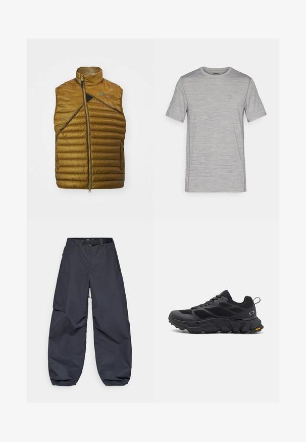 Pruun soe vest kõrge kaelusega, diagonaalne must paneel ja tõmbluku sulgemine. Omab quiltitud tekstuuri ja minimaalset kaubamärgisid.; Hallhalli hallitav t-särk lühikeste varrukatega, ümmarguse kaelusega, tekstuuriga kangast ja väikese logoga rinnal. Kerge disain.; Tumedashallased cargo püksid, valmistatud pehmest ja vastupidavast materjalist. Neil on lai, lagunev lõige, mitu taskut ja reguleeritav vööpund.; Mustavad spordijalatsid tugeva tallaga, võrgust ja sünteetilisest materjalist pealispind, tekstuuriga aktsendid ning Vibram bränding tallal.