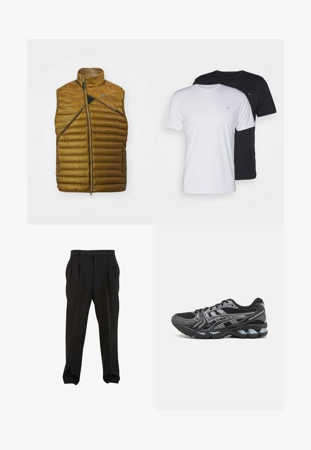 Brun isolerad väst med hög krage, diagonal svart panel och dragkedjestängning. Har kviltad struktur och minimal branding.; Två bomullströjor i vitt och svart, kortärmad med rund hals, med en liten logotyp på bröstet, slät textur.; Svarta byxor i en slät tygkvalitet, med framfickor, en knapp i midjan och avsmalnande ankleder. Klassisk skräddarsydd silhuett.; Svart träningsskor med mesh-överkant, silverdetaljer och en dämpad sula. Har snörningsdesign och texturerat sula för grepp.
