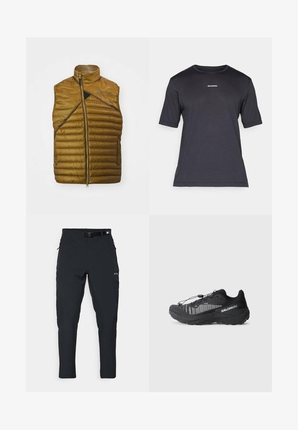 Hnedá zateplená vesta s vysokým golierom, diagonálnym čiernym panelom a zipsom. Obsahuje prešívanú textúru a minimálne značenie.; Čierne krátke tričko s performančnými rukávmi vyrobené z priedušnej látky, s okrúhlym výstrihom a malým bielym logom "SALOMON" na hrudi.; Columbia ESSENTIAL HIKE™ PANT - Outdoorové nohavice - black; Čierne trailové bežecké topánky s textúrovaným sieťovaným zvrškom, reflexnými detailmi, polstrovanou podrážkou a elastickým systémom šnurovania. Logo na boku.