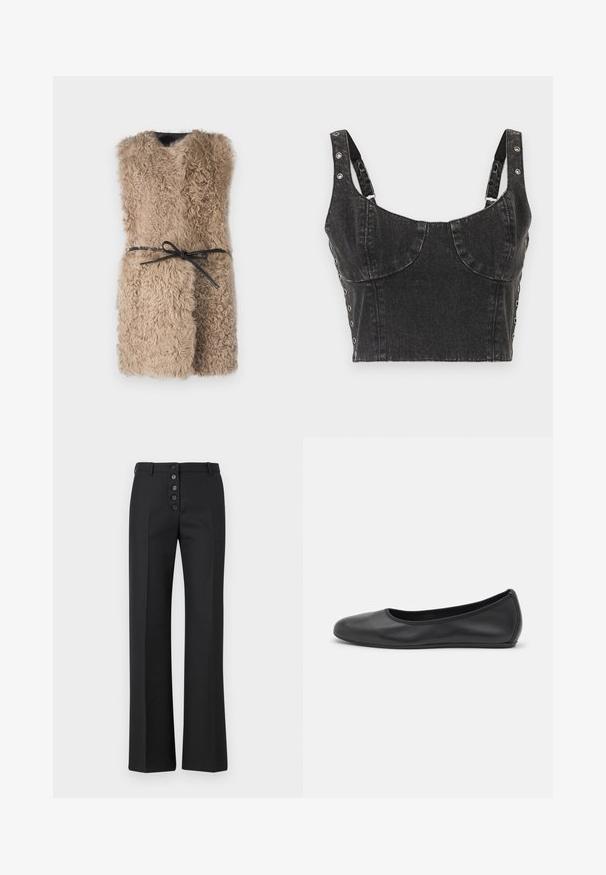 Beige tekoturkisli liivi, jossa on V-mallinen kaula-aukko ja musta nauhavyö. Ominaisuuksiin kuuluu teksturoitu, pörröinen pinta ja avoin etuosa.; Ksubi DAUPHINE BUSTIER SHADOW - Toppi - black; The Kooples PANTALON - Housut - black; Musta nahkainen ballerina, jossa on pyöristetty kärki, sileä pinta, minimaalinen ommelkoristelu ja joustava pohjamuotoilu.