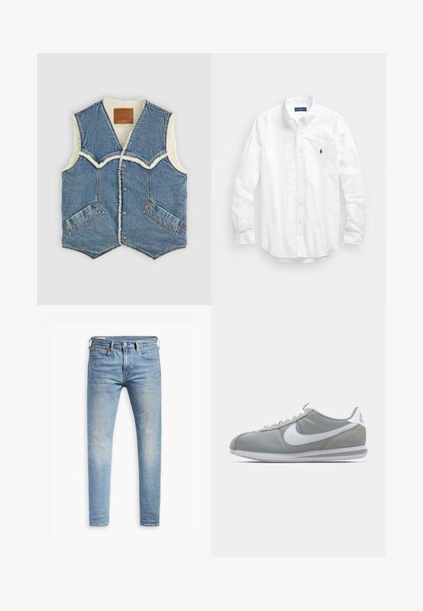 Jeans prsluk s krznom oblogom, s V-izrezom, dva prednja džepa i smešnom kožnom oznakom s unutrašnje strane.; Bijela košulja dugih rukava s gumbima izrađena od pamuka. Ima klasični ovratnik, gumbaste manžete i mali brodasti logo u tamnoplavoj boji na prsima.; Svijetloplave uske traperice s laganim izblijedjenjem na bedrima, prednje kopčanje na dugme, petlje za remen i pet džepova na bijeloj pozadini.; Sive sportske tenisice s gornjim dijelom od antilopa i tekstila, bijelim Nike swooshom i bijelim vezicama. Imaju teksturirani gumeni đon i podstavljeni ovratnik.