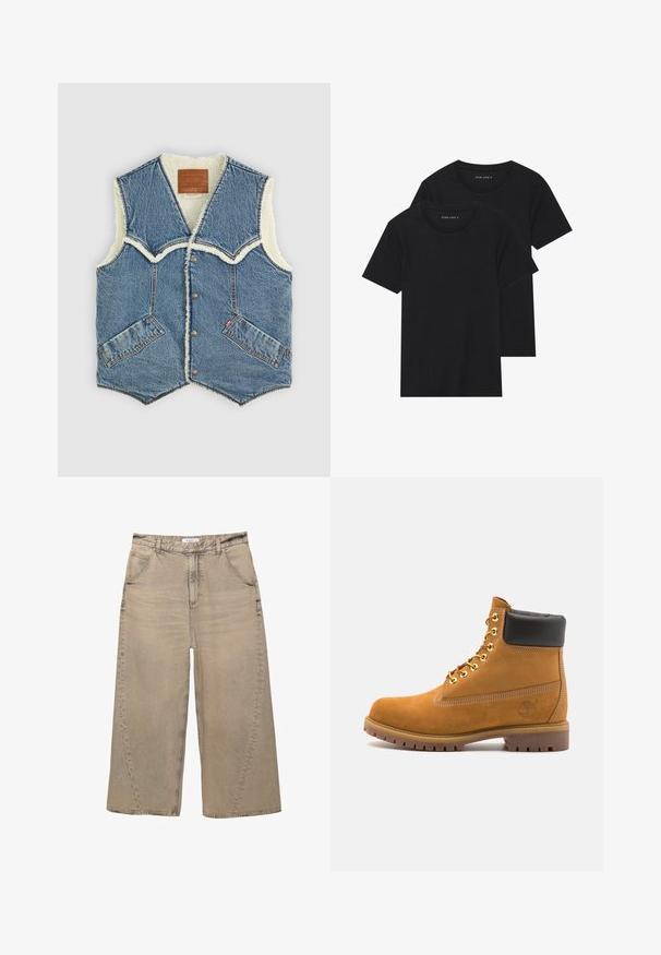 Gilet in denim con fodera in shearling, dotato di scollatura a V, due tasche frontali e etichetta di branding in pelle marrone all'interno.; Due magliette nere di cotone a maniche corte, con scollatura rotonda e una texture liscia, esposte impilate insieme.; PULL&BEAR MEGA BAGGY - Jeans baggy - light grey; Stivale alla caviglia in suede tan con collare imbottito nero, occhielli in metallo dorato, dettagli in cucitura bianca e suola in gomma robusta con battistrada pronunciato.