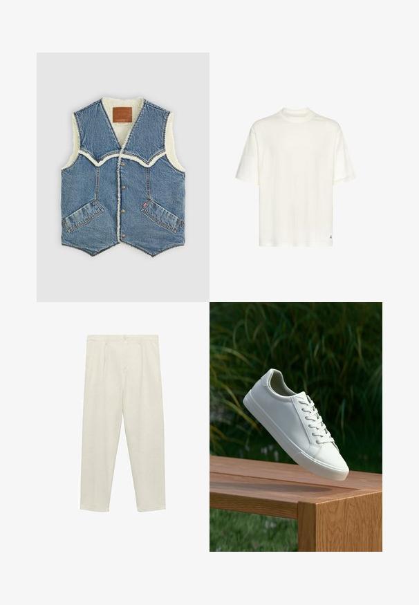 Denim jopica s krzneno podlogo, z V-oblika dekoltejem, dvema sprednjima žepoma in rjavo usnjeno oznako blagovne znamke znotraj.; Bela bombažna majica s kratkimi rokavi, okroglo izrezana, sproščenega kroja in diskretnimi šivi. Majhna oznaka na dnu desne strani.; Svetlo bež hlače ravnega kroja, narejene iz mehkega materiala, z visokim pasom, sprednjimi naborki, gumbnim zapiranjem in stranskimi žepi.; Beli vezani športni čevlji, ki lebde nad leseno klopjo z zelenim rastlinjem v ozadju, prikazujejo obliko in teksturo čevlja.