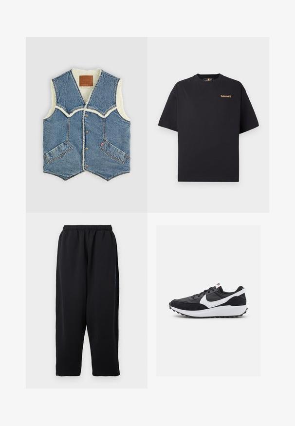 Chaleco de denim con forro de borrego, que presenta un escote en forma de V, dos bolsillos frontales y una etiqueta de marca de cuero marrón en el interior.; Camiseta negra de manga corta y cuello redondo de Timberland con un pequeño logo beige en la parte superior izquierda del pecho, mostrada sobre un fondo blanco.; Pantalones deportivos negros de tela suave, con cintura elástica, piernas anchas y bolsillos laterales con sutiles detalles en azul.; Zapatillas deportivas negras con parte superior de ante y sintético, acentos en blanco, entresuela blanca gruesa y suela de goma texturizada.