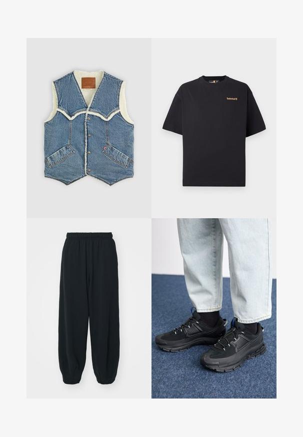 Denim vest with a shearling lining, featuring a V-shaped neckline, two front pockets, and brown leather branding label on the inside.; Black short-sleeve crew neck Timberland T-shirt with small tan logo on the upper left chest, displayed on a white background.; Black, elasticated-waist sweatpants with a loose fit, cuffed ankles, smooth texture, and no visible patterns or hardware accents.; Black athletic shoes with textured fabric and rubber soles, featuring elastic laces and a blue accent on the heel. Worn with light denim pants.