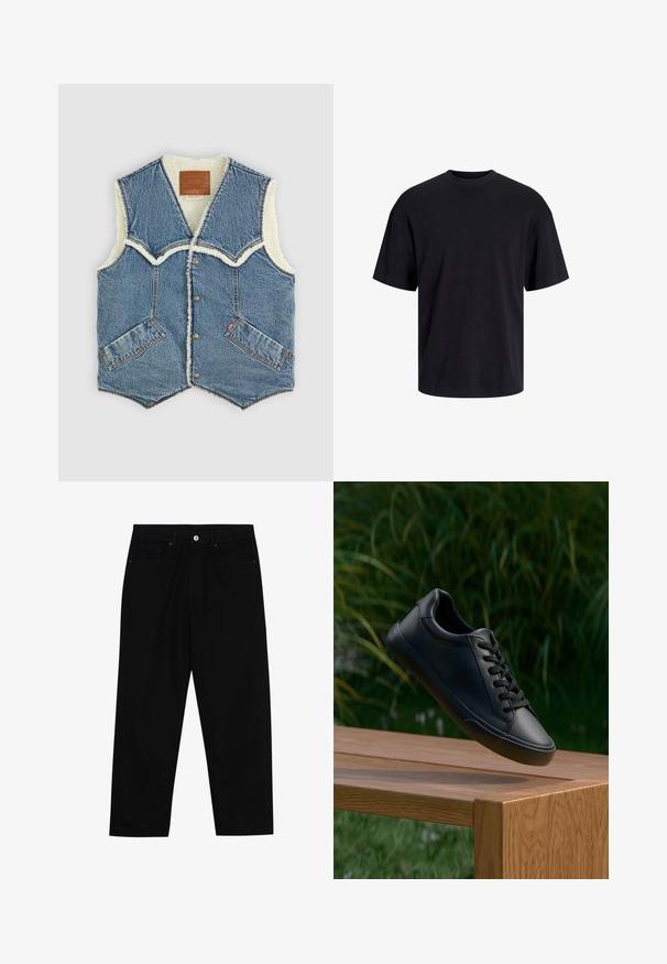 Jeansvest med en shearling-fôr, med V-hals, to frontlommer og en brun lærmerkelapp på innsiden.; Svart bomull t-skjorte med rund hals, korte ermer og en avslappet passform. Glatt tekstur uten synlige mønstre eller detaljer.; Sorte denimbukser med rett benklipp, fem-lomme design og frontknappåpning. Jevn tekstur med minimale sømdetaljer.; Sorte lærersneakers med en glatt tekstur, rund tå og flate lisser, plassert over en treoverflate med grønt gress i bakgrunnen.