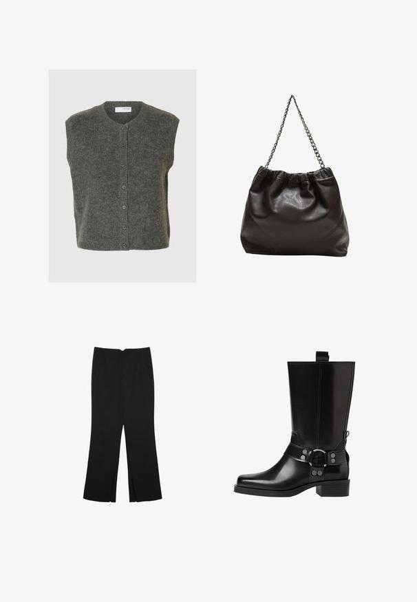 Grå ærmeløs cardigan lavet af blødt uld med rund halsudskæring, knapper foran og en tekstureret finish.; Sort striktrøje med lange ærmer, polstrede skuldre og ribkantede manchetter og kant, vist mod en hvid baggrund.; Sorte bukser med lige pasform, der har frontlommer og slidser i kanten. Lavet af blødt, glat stof. Velegnet til forskellige anledninger.; Sort læderknæhøj støvle med spids tå, sølv spænde detaljer og en robust hæl. Har en trækflap for nem påtagning.; Brun lædertaske med en rynket top og en kædestrop. Glat tekstur med en blank finish og subtile sømdetaljer på siderne.