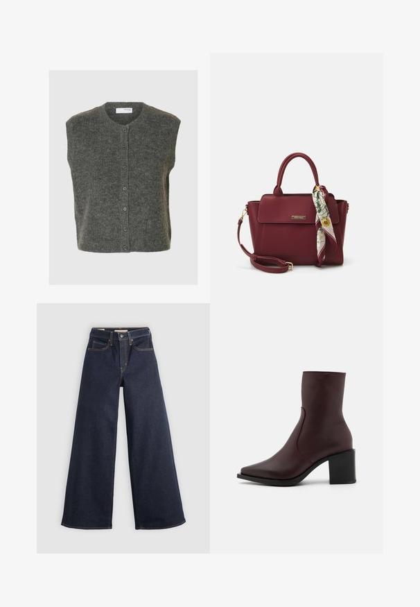 Cardigan sin mangas gris hecho de lana suave, con un cuello redondo, botones frontales y un acabado texturizado.; Camisa blanca de botones con mangas largas, cuello estructurado y dobladillo redondeado. Hecha de una tela lisa y sólida sin patrones ni acentos visibles.; Jeans de denim de pierna ancha en azul oscuro con costuras en contraste. Presenta un diseño tradicional de cinco bolsillos y un cierre de botón en la cintura.; Zign LEATHER - Botines - bordeaux; Bolso burdeos de material sintético con un diseño estructurado, que cuenta con una correa desmontable y una bufanda con estampado floral atada al asa.