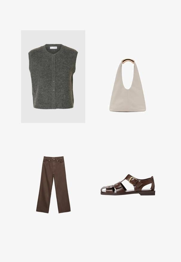 Szary bezrękawnik z miękkiej wełny, z okrągłym dekoltem, guzikami z przodu i teksturowanym wykończeniem.; Brązowa koszulka z krótkim rękawem, wykonana z miękkiego materiału, z okrągłym dekoltem i luźnym krojem. Brak widocznych wzorów lub akcentów.; Szerokie brązowe dżinsy wykonane z denimu, z wysokim stanem, przednimi kieszeniami i klasycznym zapięciem na guzik. Gładka faktura z subtelnym przeszyciem.; Brązowe skórzane sandały z wycięciami, regulowanym zapięciem po boku i płaską podeszwą, z metalowymi akcentami i otwartym noskiem.; Jasnoszara skórzana torba o kształcie litery U z zakrzywionym metalowym uchwytem. Gładka tekstura z minimalnymi szwami i bez widocznych wzorów.