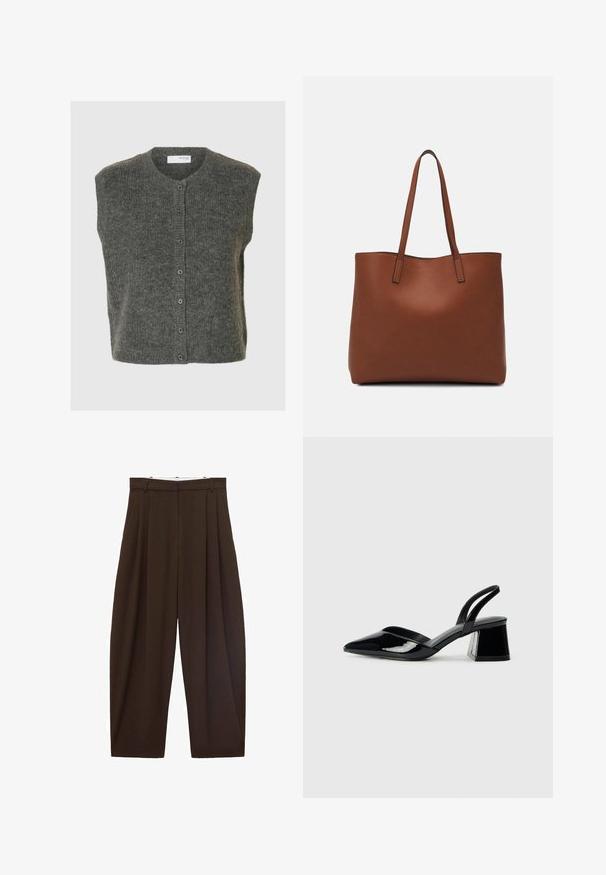 Cardigan sans manches gris en laine douce avec un col rond, des boutons à l'avant et une finition texturée.; Débardeur noir en coton, avec un col rond et des emmanchures larges. Texture lisse avec des ourlets cousus. Design classique et minimaliste.; Pantalons taille haute marron avec des plis, fabriqués en tissu lisse. Coupe ample, design droit, avec passants de ceinture et fermeture éclair.; Escarpins en cuir verni noir avec bout pointu et talon bloc géométrique. Présente un design élégant et minimaliste ainsi qu'une texture lisse.; Sac fourre-tout en cuir marron avec une texture lisse, design à ouverture supérieure et deux poignées pour le porter à l'épaule. Présente des coutures minimales et aucun matériel visible.