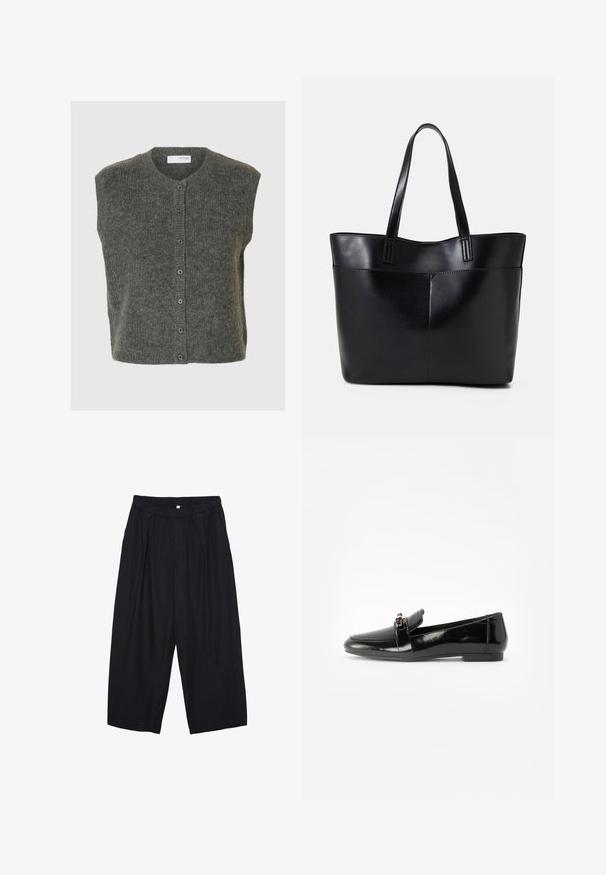 Harso ilmanhihaista kardiigania, joka on valmistettu pehmeästä villasta, jossa on pyöreä pääntie, etunapit ja teksturoitu pinta.; Valkoinen lyhythihainen T-paita, joka on tehty puuvillasta. Siinä on pyöreä kaula-aukko ja rento malli. Silkkinen pinta ilman näkyviä kuvioita tai koristeita.; Musta polyesterinen culotte-housut, jossa on joustava vyötärö, kaksi etupleettiä ja löysä siluetti. Ei näkyviä kuvioita tai metallisia yksityiskohtia.; Mustat kiiltonahka loafarit, joissa on tasapohja, pyöristetty kärki ja koristeellinen nauha kultasävyisellä yksityiskohdalla. Sujuva, kiiltävä pinta.; Musta nahkainen kassi, jossa on kaksi pitkää kahvaa, sileä pinta ja jämäkkä muoto. Sisältää etutaskun lisävarastointia varten.