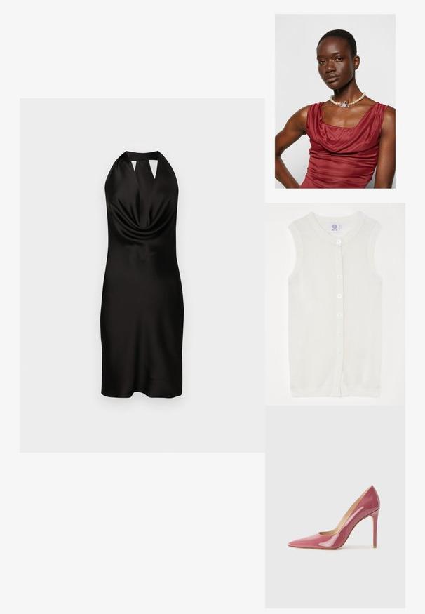 Cardigan de malha sem mangas em branco, com textura em rede, gola redonda e cinco botões na frente. Design simples e leve.; Vestido preto de cetim com decote halter, frente drapeada, silhueta ajustada e detalhe recortado no decote, alcançando o comprimento até a metade da coxa.; Sapatilha de salto alto em couro patente rosa, com bico fino e silhueta elegante, apresentando um detalhe recortado e um salto agulha.; Vestido de gola drapeada, de um vermelho profundo, com uma textura suave. Apresenta um colar de pérolas com um detalhe prateado decorativo ao centro.