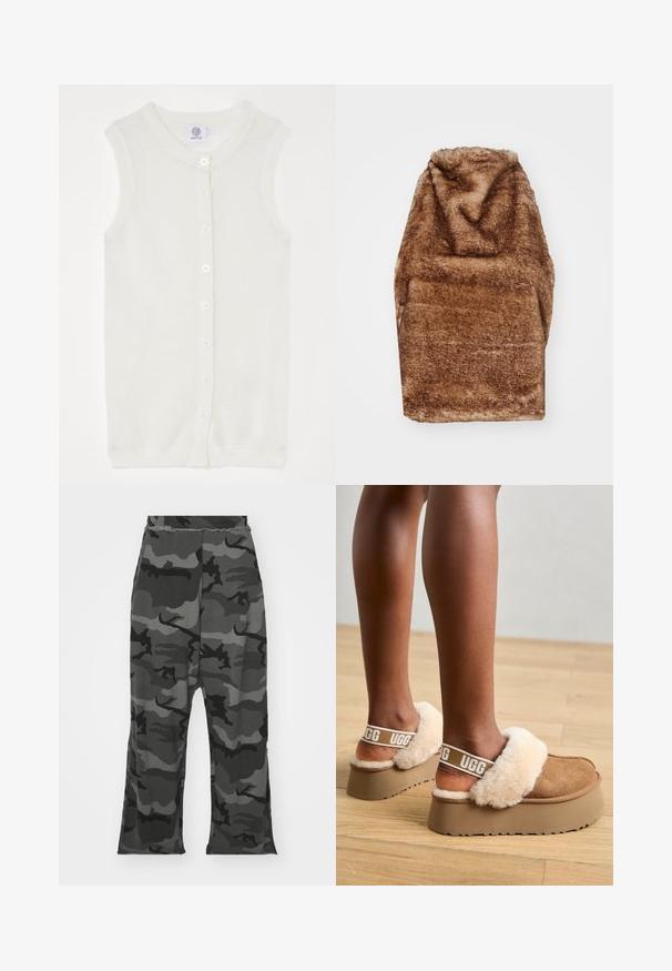 Cardigan alb fără mâneci, din tricot, cu textură din plasă, guler rotund și cinci nasturi frontali. Design simplu și ușor.; Jaded London ZENE BACKLESS - Top - brown; Pantaloni de trening cu camuflaj în nuanțe de negru și gri, cu talie elastică, croială lejeră și tăieturi ușoare la baza picioarelor.; Papuci cu platformă maro, cu o bandă căptușită cu blană și accenturi moi de blană bej. Prezintă un logo pe bandă și o talpă texturată.