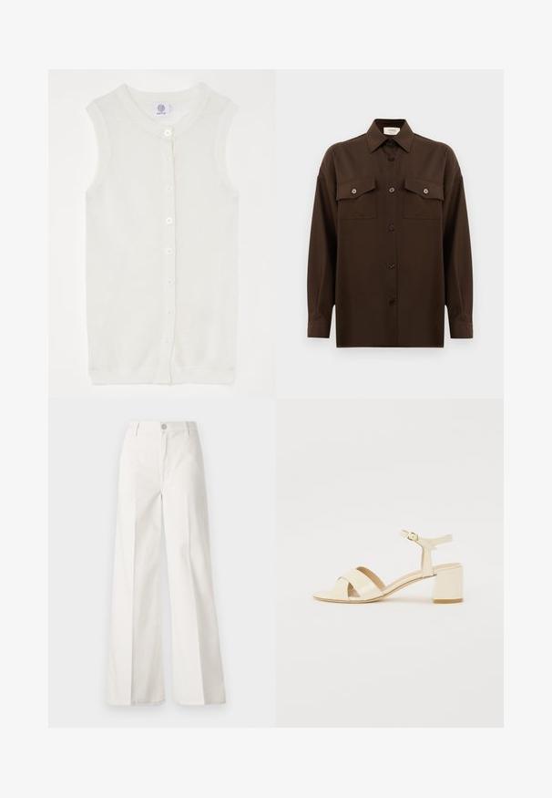 Bijela bezrukavna pletena kardigan koji ima mrežastu teksturu, okrugli izrez i pet dugmadi sprijeda. Jednostavan i lagan dizajn.; Tamno smeđa dugosleeve košulja s dugim rukavima i dugmadi, s dva džepa s preklopom na prsima i klasičnim ovratnikom, prikazana na jednostavnoj bijeloj pozadini.; Bijele široke hlače izrađene od pamuka s glatkom teksturom. Imaju prednji gumb, patentni zatvarač i dizajn s četiri džepa.; Bež sandale od lakirane kože na visokoj peti s dizajnom preklopnog remena, otvorenim prstima, podesivim remenom oko gležnja i blok petom. Glatka tekstura.