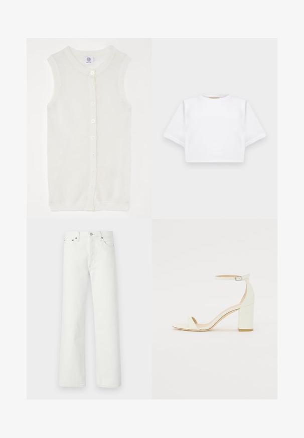 Valkoinen ilmanhihainen neuleliivi, jossa on verkkotekstuuri, pyöreä pääntie ja viisi nappia edessä. Yksinkertainen ja kevyt muotoilu.; Lyhythihainen valkoinen t-paita pehmeää kangasta, jossa on pyöreä pääntie ja ribbireunat. Yksinkertainen ja ilman koristeita oleva malli.; Valkoiset farkut, joissa on suora lahje, viisi taskua ja metalliset yksityiskohdat vyötäröllä ja taskuissa.; Valkoiset nahkaiset tukikorkosandaalit, joissa on nilkkahihna soljella ja minimalistinen muotoilu. Avoin varvas ja sileät pinnat koko kengässä.