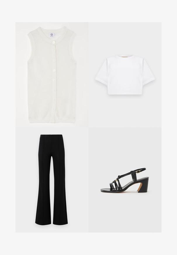 White sleeveless knit cardigan featuring a mesh texture, a round neckline, and five front buttons. Simple and lightweight design.; Cropped white t-shirt made of soft fabric, featuring short sleeves, a round neckline, and ribbed hem details. Simple and unembellished design.; Black flared pants with a high waist, made of stretchy fabric. Features vertical seam details on the front and a smooth texture.; Paul Smith AMIRA - Classic heels - black