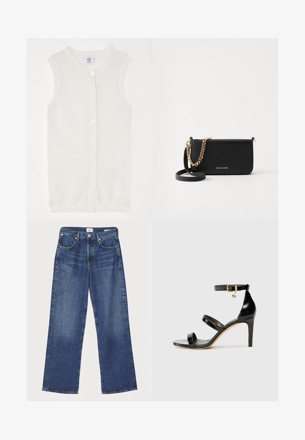 Gilet sans manches en tricot blanc avec une texture en maille, un col rond et cinq boutons à l'avant. Design simple et léger.; Débardeur blanc sans manches en tissu doux et côtelé ; présente des bretelles fines et un col rond, l'étiquette indique "FRAME."; Citizens of Humanity ANNINA - Jean droit - westwood dark indigo; Sandale en cuir verni noir avec trois brides, boucle de cheville et talon aiguille de 10 cm. Présente un détail en métal doré et un charm logo.; Pochette en cuir noir avec un accent en chaîne dorée, texture lisse et détails en logo doré. Inclut une bandoulière ajustable pour plus de polyvalence.