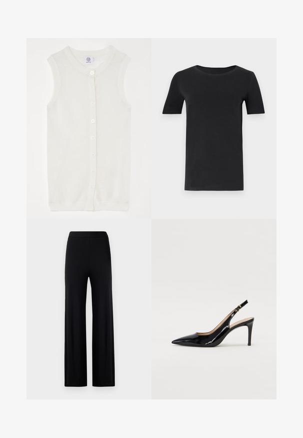 Cardigan senza maniche di colore bianco in maglia, caratterizzato da una texture a rete, colletto rotondo e cinque bottoni frontali. Design semplice e leggero.; T-shirt nera a maniche corte realizzata in cotone morbido, con scollatura rotonda e vestibilità classica. Texture liscia, senza fantasie o decorazioni.; Pantaloni neri a gamba larga realizzati in un tessuto liscio e elastico. Presentano una vita elasticizzata e non hanno chiusure o tasche visibili.; Pumps slingback in pelle verniciata nera con punta affilata, tacco sottile e un design con ritagli delicati. Caratterizzate da una fibbia dorata sul cinturino.