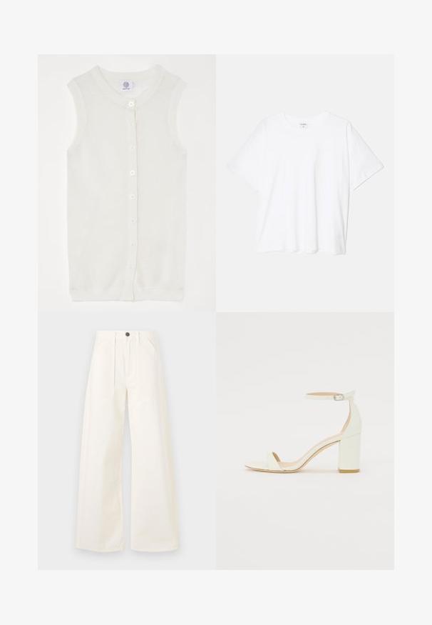 Witte mouwloze gebreide cardigan met een mesh textuur, een ronde halslijn en vijf knopen aan de voorkant. Eenvoudig en lichtgewicht ontwerp.; Witte katoenen t-shirt met korte mouwen, ronde halslijn, comfortabele pasvorm en gestikte zoom. Etiket zichtbaar aan de binnenzijde van de hals.; Wijde broek in off-white katoen, met een hoge taille, twee voorzakken en een enkele knoopsluiting aan de voorkant.; Witte leren sandaal met blokhak, voorzien van een enkelsluitsel met een gesp en een minimalistisch design. Open teen en gladde texturen overal.