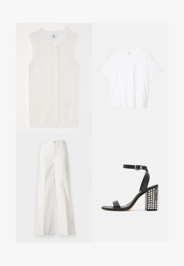 Fehér ujjatlan kötött kardigán, hálós textúrával, kerek nyakkivágással és öt elülső gombbal. Egyszerű és könnyű dizájn.; Fehér pamut póló rövid ujjal, kerek nyakkivágással, laza fazonnal és varrott szegéllyel. Címke látható a belső nyakrészén.; Fehér, bővebb nadrág, amely pamutból készült, sima textúrával. Elöl gombbal, cipzáras záródással és négy zsebes kialakítással rendelkezik.; Fekete bőr sarkú szandál bokaremmel. Négyzetes orrával, sima felületével és négyzet alakú, ezüst tüskékkel díszített tömbsarkával rendelkezik.